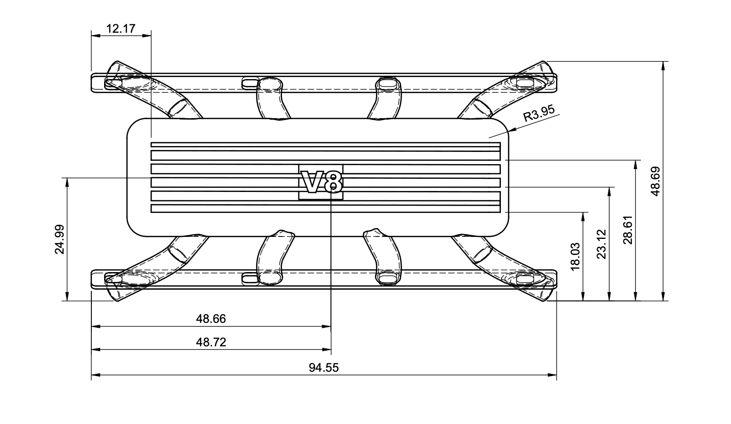 V8 valve cover dimensioned views